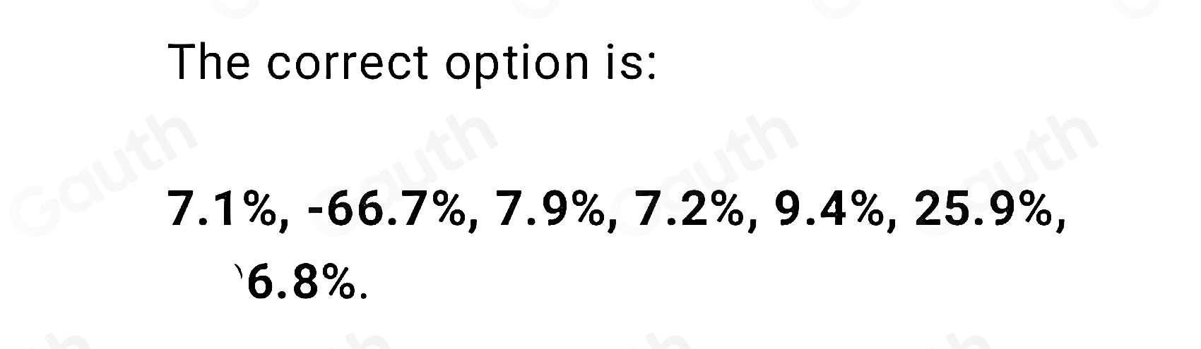 The correct option is:
7.1%, -66.7%, 7.9%, 7.2%, 9.4%, 25.9%,
6.8%.