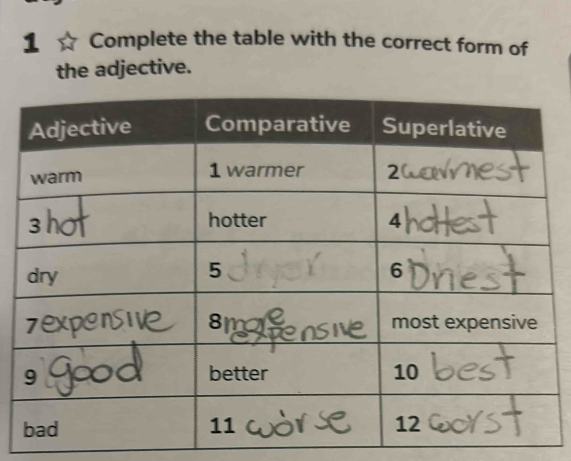 Complete the table with the correct form of 
the adjective.