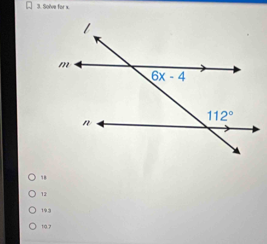 Solve for x.
18
12
19.3
10.7