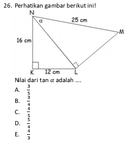 Perhatikan gambar berikut ini!
Nilai dari tan α adalah ....
A.  3/5 
B.  3/4 
C.  4/5 
D.  5/4 
E.  4/3 