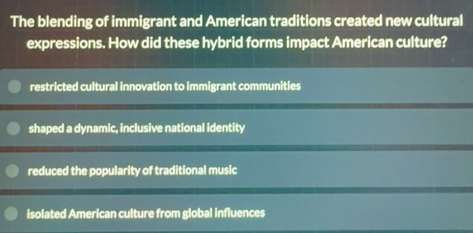 Solved: The blending of immigrant and American traditions created new ...