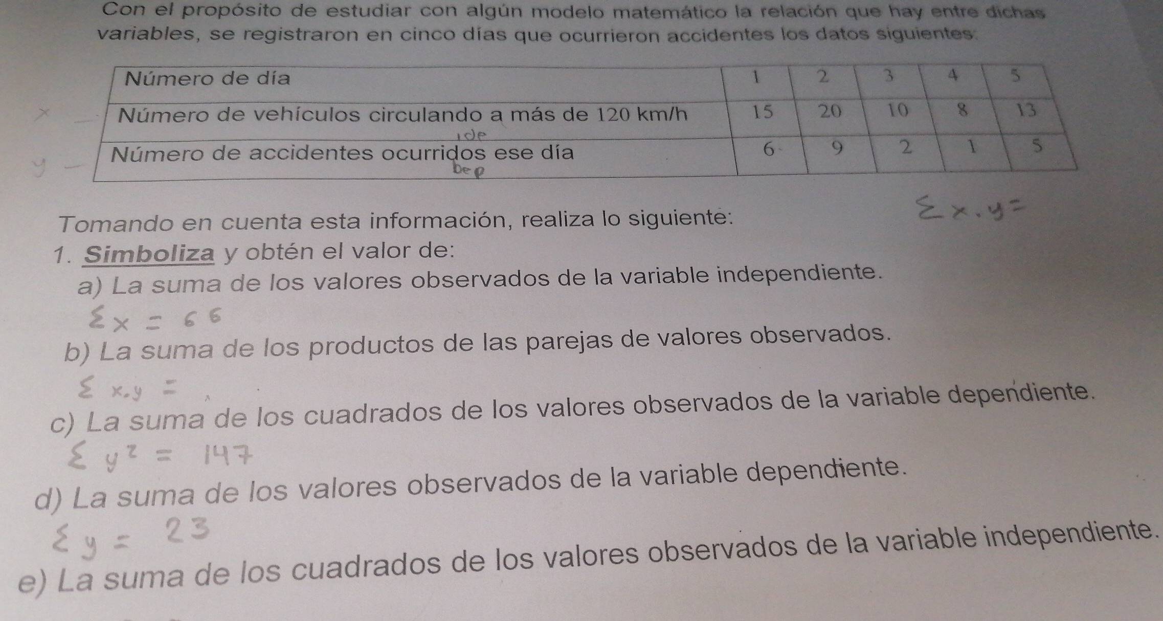 Con el propósito de estudiar con algún modelo matemático la relación que hay entre dichas 
variables, se registraron en cinco días que ocurrieron accidentes los datos siguientes. 
Tomando en cuenta esta información, realiza lo siguiente: 
1. Simboliza y obtén el valor de: 
a) La suma de los valores observados de la variable independiente. 
b) La suma de los productos de las parejas de valores observados. 
c) La suma de los cuadrados de los valores observados de la variable dependiente. 
d) La suma de los valores observados de la variable dependiente. 
e) La suma de los cuadrados de los valores observados de la variable independiente.