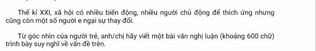 Thế kỉ XXI, xã hội có nhiều biến động, nhiều người chủ động để thích ứng nhưng 
cũng còn một số người e ngại sự thay đổi. 
Từ góc nhìn của người trẻ, anh/chị hãy viết một bài văn nghị luận (khoảng 600 chữ) 
trình bày suy nghĩ về vấn đề trên.