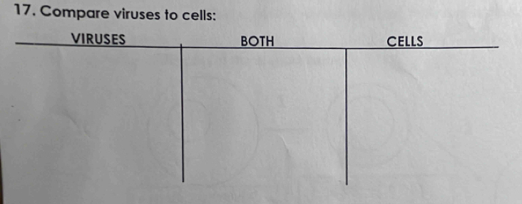 Compare viruses to cells: 
VIRUSES BOTH Cells