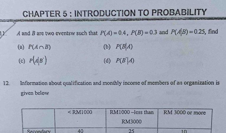 CHAPTER 5 : INTRODUCTION TO PROBABILITY
A and B are two eventsw such that P(A)=0.4,P(B)=0.3 and P(A|B)=0.25 , find
(a) P(A∩ B) (b) P(B|A)
(c) P(A|B') (d) P(B'|A)
12. Information about qualification and monthly income of members of an organization is
given below