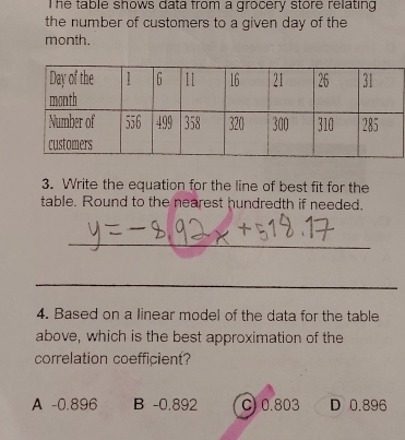 he table shows data from a grocery store relating .
the number of customers to a given day of the
month.
3. Write the equation for the line of best fit for the
table. Round to the nearest hundredth if needed.
_
_
4. Based on a linear model of the data for the table
above, which is the best approximation of the
correlation coefficient?
A -0.896 B -0.892 C) 0.803 D 0.896