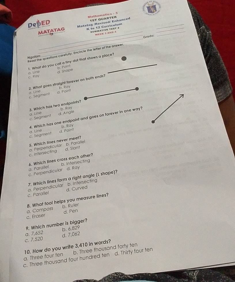 Solved: DePED Mathematics - 3 1ST QUARTER _ _ _ _ MATATAG Matatag ...