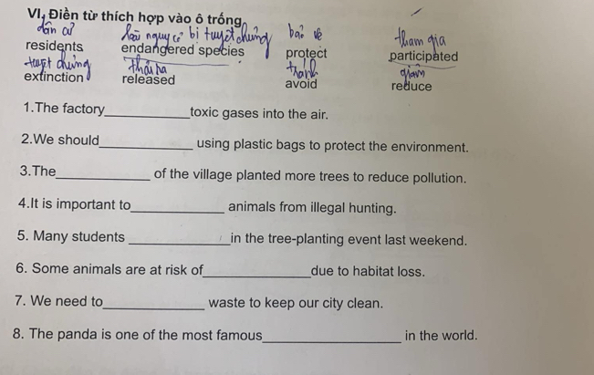 VI, Điền từ thích hợp vào ô trống
residents endangered species protect participated
extinction released avoid reduce
1.The factory_ toxic gases into the air.
2.We should_ using plastic bags to protect the environment.
3.The_ of the village planted more trees to reduce pollution.
4.It is important to_ animals from illegal hunting.
5. Many students _in the tree-planting event last weekend.
6. Some animals are at risk of_ due to habitat loss.
7. We need to_ waste to keep our city clean.
8. The panda is one of the most famous_ in the world.