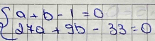 beginarrayl a+b-1=0 27a+9b-33=0endarray.