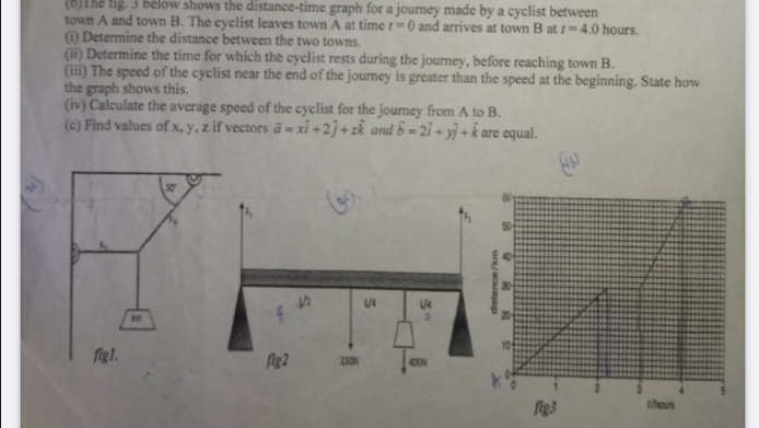 (8)The lig. 3 below shows the distance-time graph for a journey made by a cyclist between 
town A and town B. The cyclist leaves town A at time t=0 and arrives at town B at t=4.0 hours. 
(i) Determine the distance between the two towns. 
(ii) Determine the time for which the cyclist rests during the journey, before reaching town B. 
(iii) The speed of the cyclist near the end of the journey is greater than the speed at the beginning. State how 
the graph shows this. 
(iv) Calculate the average speed of the cyclist for the journey from A to B. 
(c) Find values of x, y, z if vectors overline a=xhat i+2hat j+zhat k and vector b=2vector i+yhat j+hat k are equal.
50
40
30 -
20
10
2 3 4 5
fig3 t/hours