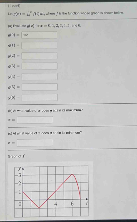 Let g(x)=∈t _0^xf(t)dt , where f is the function whose graph is shown below. 
(a) Evaluate g(x) for x=0,1,2,3,4,5 , and 6.
g(0)=□
g(1)=□
g(2)=□
g(3)=□
g(4)=□
g(5)=□
g(6)=□
(b) At what value of x does g attain its maximum?
x= □
(c) At what value of x does g attain its minimum?
x=□
Search