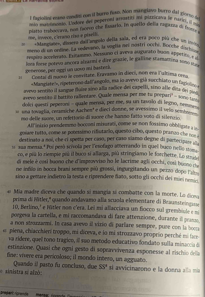 fagiolini erano conditi con il burro fuso. Non mangiavo burro dal giorno del
mio matrimonio. L'odore dei peperoni arrostití mi pizzicava le narici, íl mio
piatto traboccava, non facevo che fissarlo. In quello della ragazza di fronte a
me, invece, c'erano riso e piselli.
20 «Mangiate», dissero dall'angolo della sala, ed era poco più che un invito.
meno di un ordine. La vedevano, la voglia nei nostri occhi. Bocche dischiuse.
respiro accelerato. Esitammo. Nessuno ci aveva augurato buon appetito, e al-
lora forse potevo ancora alzarmi e dire grazie, le galline stamattina sono state
generose, per oggi un uovo mi basterà.
25 Contai di nuovo le convitate. Eravamo in dieci, non era l’ultima cena.
«Mangiate!», ripeterono dall’angolo, ma io avevo già succhiato un fagiolino e
avevo sentito il sangue fluire sino alla radice dei capelli, sino alle dita deí piedi,
avevo sentito il battito rallentare. Quale mensa per me tu prepari³ - sono tanto
dolci questi peperoni - quale mensa, per me, su un tavolo di legno, nemmeno
s una tovaglia, ceramiche Aachen⁴ e dieci donne, se avessimo il velo sembrerem-
mo delle suore, un refettorio di suore che hanno fatto voto di silenzio.
All’inizio prendemmo bocconi misurati, come se non fossimo obbligate a in-
goiare tutto, come se potessimo rifiutarlo, questo cibo, questo pranzo che non è
destinato a noi, che ci spetta per caso, per caso siamo degne di partecipare alla
35 sua mensa.ª Poi però scivola per l’esofago atterrando in quel buco nello stoma-
co, e più lo riempie più il buco si allarga, più stringiamo le forchette. Lo strudel
di mele è così buono che d’improvviso ho le lacrime agli occhi, così buono che
ne infilo in bocca brani sempre più grossi, ingurgitando un pezzo dopo l'altro
sino a gettare indietro la testa e riprendere fiato, sotto gli occhi dei miei nemici.
40 Mia madre diceva che quando si mangia si combatte con la morte. Lo diceva
prima di Hitler,® quando andavamo alla scuola elementare di Braunsteingasse
10, Berlino,’ e Hitler non c’era. Lei mi allacciava un fiocco sul grembiule e mi
porgeva la cartella, e mi raccomandava di fare attenzione, durante il pranzo,
a non strozzarmi. In casa avevo il vizio di parlare sempre, pure con la bocca
45 piena, chiacchieri troppo, mi diceva, e io mi strozzavo proprio perché mi face-
va ridere, quel tono tragico, il suo metodo educativo fondato sulla minaccia di
estinzione. Quasi che ogni gesto di sopravvivenza esponesse al rischio della
fine: vivere era pericoloso; il mondo intero, un agguato.
Quando il pasto fu concluso, due SS^8 si avvicinarono e la donna alla mia
o sinistra si alzò:
préparí: riprende mensa:  ripred