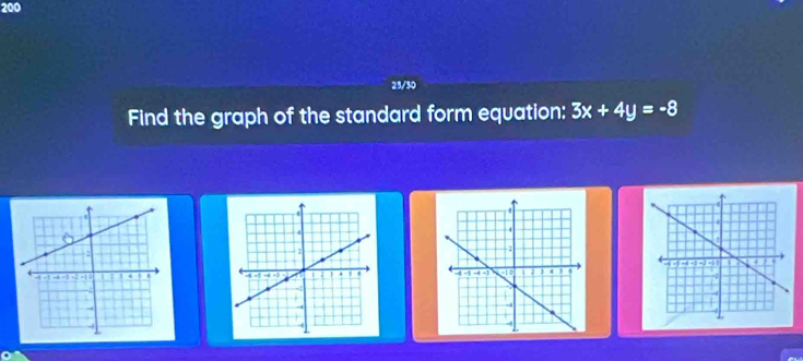 200 
23/30 
Find the graph of the standard form equation: 3x+4y=-8