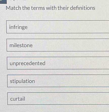 Match the terms with their defnitions
infringe
milestone
unprecedented
stipulation
curtail