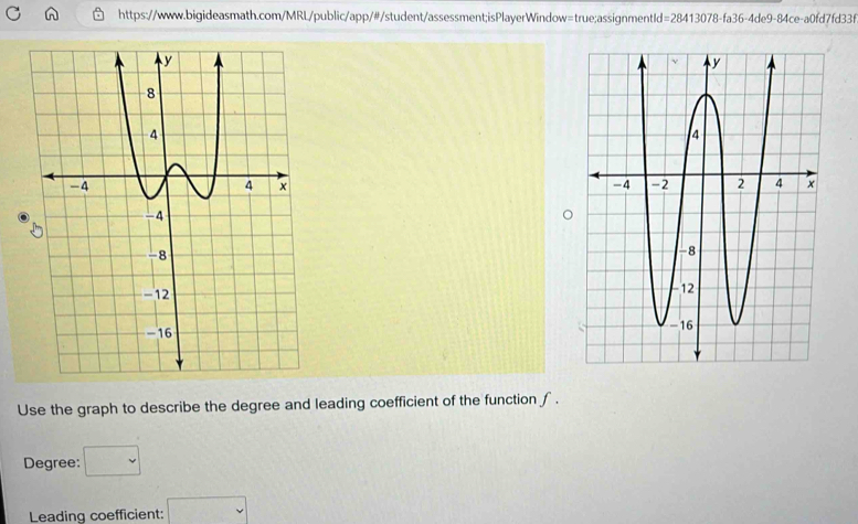 Use the graph to describe the degree and leading coefficient of the function ∫ . 
Degree: □ 
Leading coefficient: □