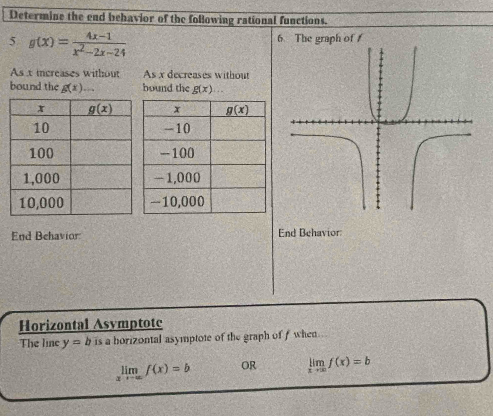 Determine the end behavior of the following rational functions.
5 g(x)= (4x-1)/x^2-2x-24 
As x increases without As x decreases without
bound the g(x).. bound the g(x)
End Behavior End Behavior:
Horizontal Asymptote
The line y=b is a borizontal asymptote of the graph of f when.
limlimits _xto -∈fty f(x)=b OR limlimits _xto ∈fty f(x)=b