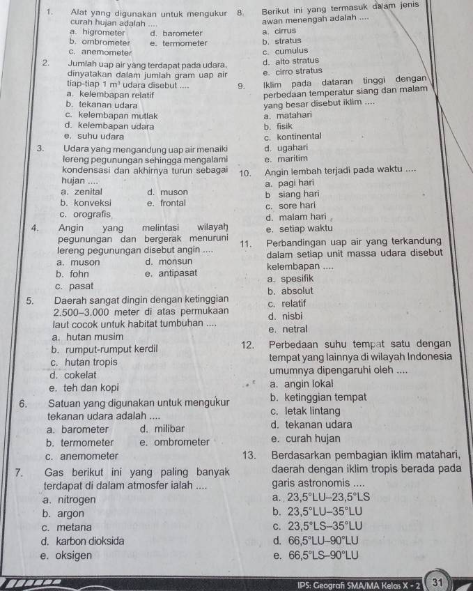 Alat yang digunakan untuk mengukur 8. Berikut ini yang termasuk da am jenis
curah hujan adalah ....
awan menengah adalah ....
a. higrometer d. barometer
b. ombrometer e.termometer b. stratus a. cirrus
c. anemometer c. cumulus
2. Jumlah uap air yang terdapat pada udara, d. alto stratus
dinyatakan dalam jumlah gram uap air e. cirro stratus
tiap-tiap 1m^3 udara disebut .... 9. Iklim pada dataran tinggi dengan
a. kelembapan relatif
perbedaan temperatur siang dan malam
b. tekanan udara
yang besar disebut iklim ....
c. kelembapan mutlak
d. kelembapan udara b. fisik a. matahari
e. suhu udara c. kontinental
3. Udara yang mengandung uap air menaiki d. ugahari
lereng pegunungan sehingga mengalami e. maritim
kondensasi dan akhirnya turun sebagai
hujan .... 10. Angin lembah terjadi pada waktu ....
a. zenital d. muson a. pagi hari
b. konveksi e. frontal b siang hari
c. orografis c. sore hari
d. malam hari
4. Angin yang melintasi wilayah e. setiap waktu
pegunungan dan bergerak menuruni
lereng pegunungan disebut angin .... 11. Perbandingan uap air yang terkandung
dalam setiap unit massa udara disebut
a. muson d. monsun kelembapan ....
b. fohn e. antipasat a. spesifik
c. pasat b. absolut
5. Daerah sangat dingin dengan ketinggian c. relatif
2.500-3.000 meter di atas permukaan d. nisbi
laut cocok untuk habitat tumbuhan ....
a. hutan musim e. netral
b. rumput-rumput kerdil 12. Perbedaan suhu tempat satu dengan
c. hutan tropis tempat yang lainnya di wilayah Indonesia
d. cokelat umumnya dipengaruhi oleh ....
e. teh dan kopi a. angin lokal
6. Satuan yang digunakan untuk mengukur b. ketinggian tempat
tekanan udara adalah .... c. letak lintang
a. barometer d. milibar d. tekanan udara
b. termometer e. ombrometer e. curah hujan
c. anemometer 13. Berdasarkan pembagian iklim matahari,
7. Gas berikut ini yang paling banyak daerah dengan iklim tropis berada pada
terdapat di dalam atmosfer ialah .... garis astronomis ....
a. nitrogen a. 23,5°LU-23,5°LS
b. argon
b. 23,5°LU-35°LU
c. metana C. 23,5°LS-35°LU
d. karbon dioksida d. 66,5°LU-90°LU
e. oksigen e. 66,5°LS-90°LU
: Geograf SMA/MA Kelas x-2 31
es