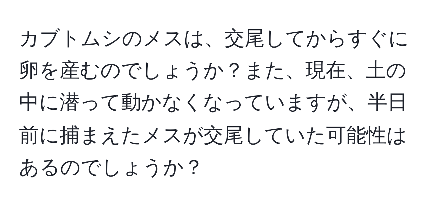 カブトムシのメスは、交尾してからすぐに卵を産むのでしょうか？また、現在、土の中に潜って動かなくなっていますが、半日前に捕まえたメスが交尾していた可能性はあるのでしょうか？