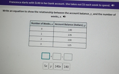 Francesca starts with $140 in her bank account. She takes out $5 each week to spend. ■ 
Write an equation to show the relationship between the account balance, y, and the number of
weeks, x.
□ =□ -□
5x y 140x 14(