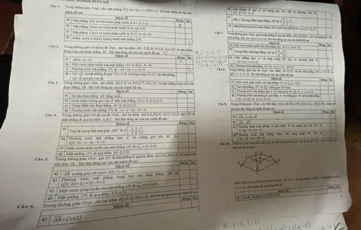 Aghiệm Bụng sai
Câu 1. Trong không gian Oxyz , cho mặt phẳng (P):2x+3y+z-2024=0.7 Xét tính đùng sai 
mệnh đề
C
mặt pháng (Q):2x-3y+z+1=0. Xét tính đâng sai của các
A(1,4),B(2,-L5 Và vường gốc với
Câ Trong không gian với hệ tọa độ Oxyz , cho hai điểm A(1;-3;0),B(-5;1;2),Goi(8) là một phẳng 
trung trự 
C A(-1,2,3) và h một phống
(2) . Xet tình đùng sai của các 
Clà một phẳng trung trực của 
Câu 9. Trong không gian Oxyz, cho bón điểm A(t;1;B(2,7,9);C(0,9,13);D(1,8,10) Mish đã
Câu 4.  Trong không gian với hệ tọa độ Oxyz , cho ba điểm Á 4(0,3;1),B(1;0;-1),C(-2;1;1) ọi
mệnh để sau
 
Cầu 10. Hình 
trục toạ độ là mớt)
Câu 5. Tron 
Biết A(50,0,0)_Z(0,20,0), 2(44,3k;2k) với k > 0 và sất pháng (HHP) có smương ch ià
Oeis
M[inh đè
Cầu 6. Trong không gian Oxyz , c x-3=0 Câu mệnh đề saa đùng hay sai
Mệnh đề  a) | Tou dǎ cùa diểm  la (64,9,3)
1
1
a) overline AB=(3;1;2)