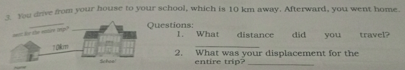 You drive from your house to your school, which is 10 km away. Afterward, you went home. 
estions: 
1. What distance did you travel? 
_ 
2. What was your displacement for the 
entire trip?_ 
Hame