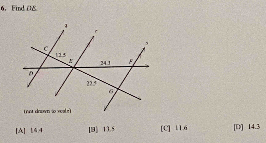 Find DE.
[A] 14.4 [B] 13.5 [C] 11.6 [D] 14.3