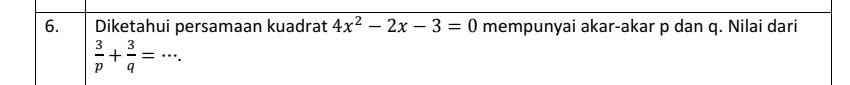 Diketahui persamaan kuadrat 4x^2-2x-3=0 mempunyai akar-akar p dan q. Nilai dari 
_  3/p + 3/q =·s.