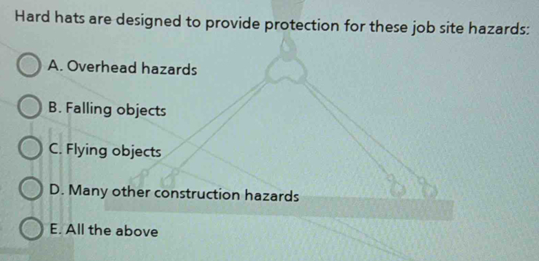 Hard hats are designed to provide protection for these job site hazards:
A. Overhead hazards
B. Falling objects
C. Flying objects
D. Many other construction hazards
E. All the above