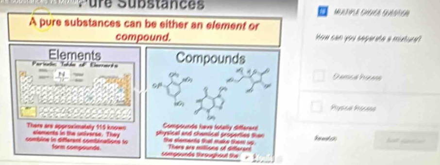 ure Sübstance MADPE CHIEE QNNEN 
A pure substances can be either an element or 
compound. ou san you segarta a mutura 
Elements Compounds 
Parientn Ykdan ed 
Pscó Pscaóa 
Compounde heve lotally different 
There are approximately 119 known phypical and chanical properties than 
elements in the universe. They 
combine in différent combinations to the semente tt mak e them u hot geatien 
There are mtlions of Gtteren 
form compounds. tampounde Sheoughoad the