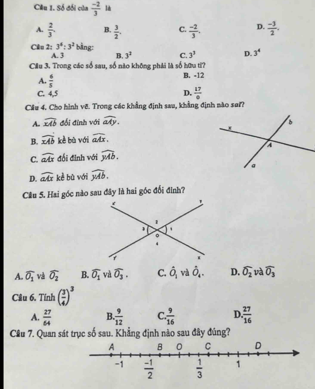 Số đối của  (-2)/3  là
A.  2/3 .  (-2)/3 .  (-3)/2 .
B.  3/2 .
C.
D.
Câu 2: 3^6:3^2 bằng:
A. 3 B. 3^2 C. 3^3
D. 3^4
Câu 3. Trong các số sau, số nào không phải là số hữu tỉ?
A.  6/5 
B. -12
C. 4,5 D.  17/0 
Câu 4. Cho hình vẽ. Trong các khẳng định sau, khẳng định nào sai?
A. widehat xAb đối đỉnh với widehat aAy.
B. widehat xAb kè bù với widehat aAx.
C. widehat aAx đối đỉnh với widehat yAb.
D. widehat aAx kè bù với widehat yAb.
Câu 5. Hai góc nào sau đây là hai góc đối đỉnh?
A. widehat O_1 và widehat O_2 B. widehat O_1 và widehat O_3. C. hat O_1 và hat O_4. D. widehat O_2 và widehat O_3
Câu 6. Tính ( 3/4 )^3
A.  27/64   9/12   9/16   27/16 
B.
C.
D
Câu 7. Quan sát trục số sau. Khẳng định nào sau đây đúng?