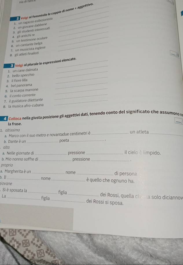 nia di fatica 
Volgi al femminile le coppie di nome + aggettivo. 
4. un ragazzo esibizionista_ 
2. un giovane dabbene_ 
_ 
_ 
4. gli antichi re 3. gli studenti interessati_ 
_ 
5. un testimone oculare 
6. un cantante belga 
8. gli atleti finalisti 7. un musicista inglese 
/ 
Volgi al plurale le espressioni elencate. 
1. un cane dalmata 
_ 
_ 
2. bello specchio 
_ 
_ 
3. il fiore lilla 
4. bel panorama 
s. la scarpa marrone 
6. il conto corrente 
_ 
7. il guidatore dilettante_ 
_ 
8. la musica afro-cubana 
Z e colloca nella giusta posizione gli aggettivi dati, tenendo conto del significato che assumono no 
la frase. 
_ 
1. altissimo _un atleta 
a. Marco con il suo metro e novantadue centimetri è 
_ 
b. Dante è un_ poeta _. . 
alta __il cielo è limpido. 
a. Nelle giornate di pressione 
b. Mio nonno soffre di _pressione_ 
proprio 
a. Margherita è un _nome _di persona 
b. I| 
_nome_ è quello che ognuno ha 
iovane 
Si è sposata la _figlia_ dei Rossi, quella che la solo diciannov 
La figlia_ dei Rossi sì sposa.