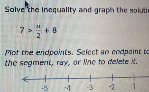 Solve the inequality and graph the solutic
7> u/2 +8
Plot the endpoints. Select an endpoint to 
the segment, ray, or line to delete it.
-5 -4