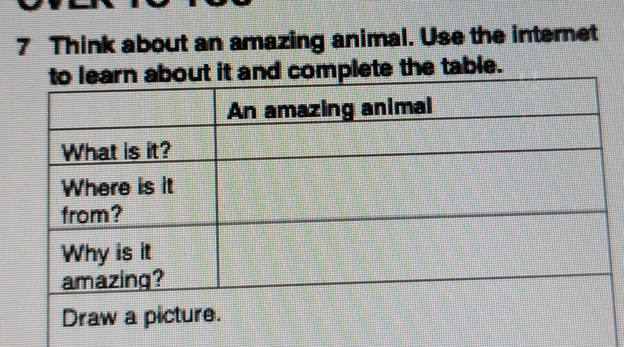 Think about an amazing animal. Use the internet 
lete the table.