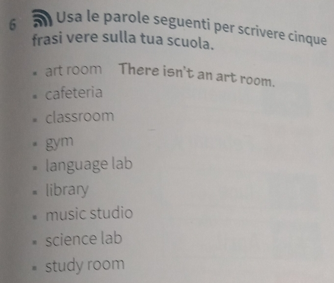 Usa le parole seguenti per scrivere cinque
frasi vere sulla tua scuola.
art room There isn't an art room.
cafeteria
classroom
gym
language lab
library
music studio
science lab
study room