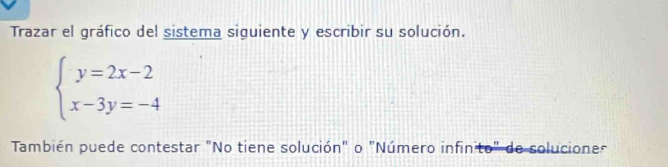 Trazar el gráfico del sistema siguiente y escribir su solución.
beginarrayl y=2x-2 x-3y=-4endarray.
También puede contestar "No tiene solución" o "Número infinito" de soluciones