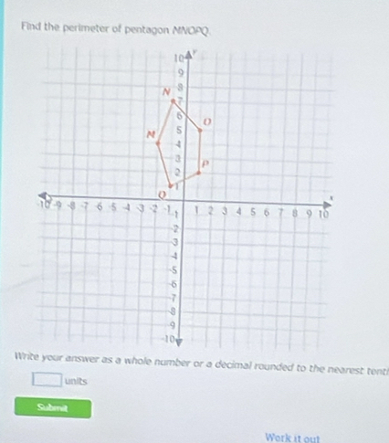 Find the perimeter of pentagon MNOPQ. 
units 
Submit 
Work it out