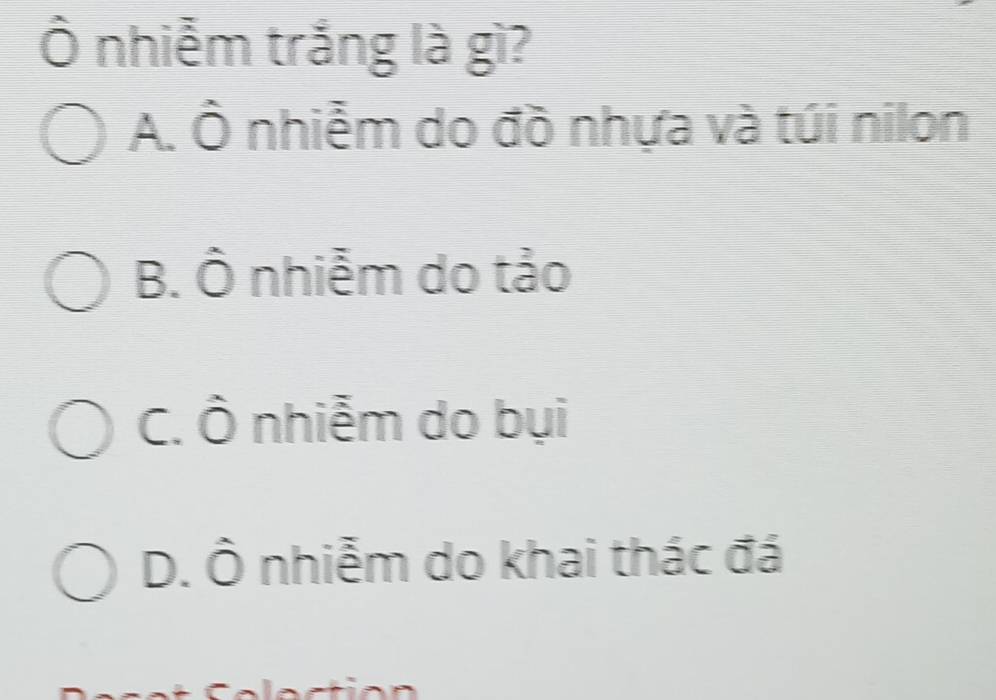 Ô nhiễm trắng là gì?
A. Ô nhiễm do đồ nhựa và túi nilon
B. Ô nhiễm do tảo
C. Ô nhiễm do bụi
D. Ô nhiễm do khai thác đá