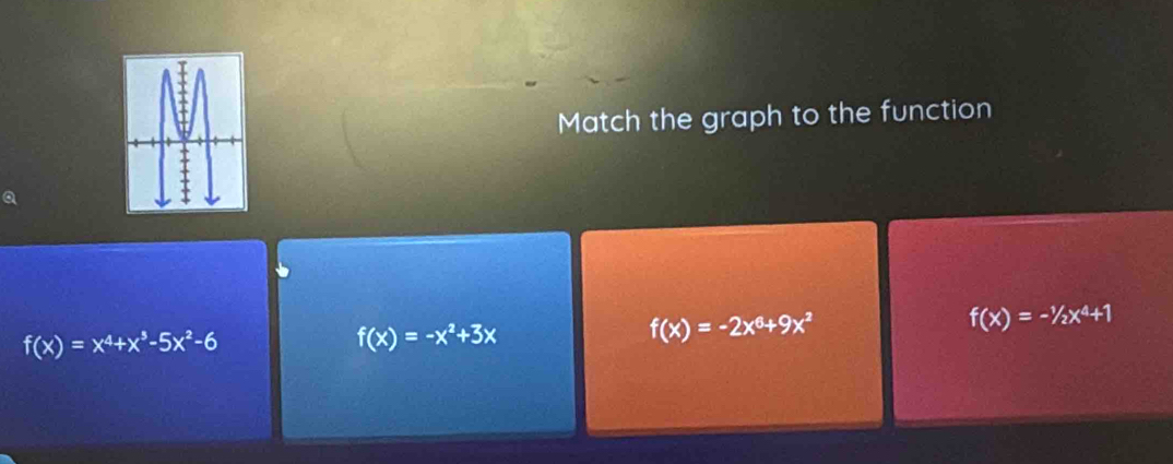 Match the graph to the function
a
f(x)=-1/2x^4+1
f(x)=x^4+x^3-5x^2-6
f(x)=-x^2+3x
f(x)=-2x^6+9x^2