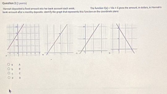 Hannah depostied a fixed amoant into her bank account each week. The function f(x)=10x+5 S gives the amount, in dollars, in Hannah's
bank account after x manthy deposits, Identify the graph that represents this function on the coordinate plane.. A
b B
c C
d D