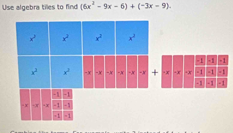 Use algebra tiles to find (6x^2-9x-6)+(-3x-9).