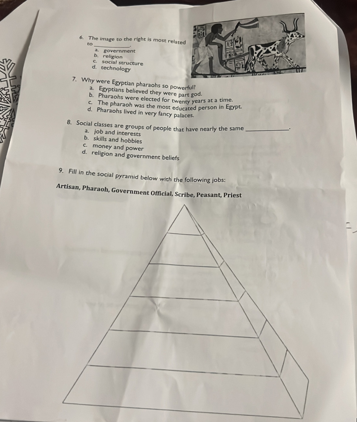 The image to the right is most relat
to_
a. government
b. religion
c. social structure
d. technology
7. Why were Egyptian pharaohs so powerful?
a. Egyptians believed they were part god.
b. Pharaohs were elected for twenty years at a time.
c. The pharaoh was the most educated person in Egypt.
d. Pharaohs lived in very fancy palaces.
8. Social classes are groups of people that have nearly the same _.
a. job and interests
b. skills and hobbies
c. money and power
d. religion and government beliefs
9. Fill in the social pyramid below with the following jobs:
Artisan, Pharaoh, Government Official, Scribe, Peasant, Priest