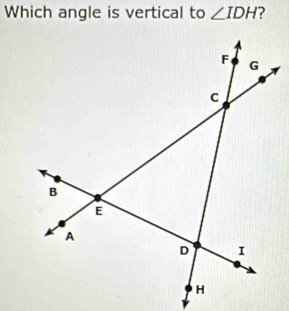 Which angle is vertical to ∠ IDH ?