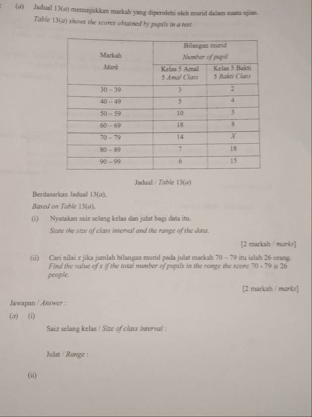 (@) Jadual 13(@) menunjukkan markah yang diperolehi oleh murid dalam suatu ujian. 
Table 13(a) shows the scores obtained by pupils in a test. 
Jadual / Table 13(@) 
Berdasarkan Jadual 13(ω), 
Based on Table 13(a). 
(i) Nyatakan saiz selang kelas dan julat bagi data itu. 
State the size of class interval and the range of the data. 
[2 markah / marks] 
(ii) Cari nilai x jika jumlah bilangan murid pada julat markah 70-79 itu ialah 26 orang. 
Find the value of x if the total number of pupils in the range the score 70-79 is 26
people. 
[2 markah / marks] 
Jawapan / Answer : 
(a) (i) 
Saiz selang kelas / Size of class interval : 
Julst / Range : 
(ii)