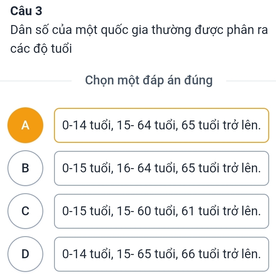 Dân số của một quốc gia thường được phân ra
các độ tuổi
Chọn một đáp án đúng
A 0-14 tuổi, 15- 64 tuổi, 65 tuổi trở lên.
B 0-15 tuổi, 16- 64 tuổi, 65 tuổi trở lên.
C 0-15 tuổi, 15- 60 tuổi, 61 tuổi trở lên.
D 0-14 tuổi, 15- 65 tuổi, 66 tuổi trở lên.