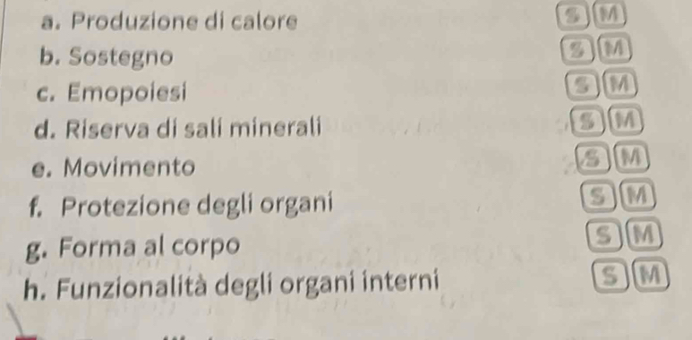 Produzione di calore 
SM 
b. Sostegno 
SM 
c. Emopoiesi 
SM 
d. Riserva di sali minerali 
SM 
e. Movimento 
am 
f. Protezione degli organi 
SM 
g. Forma al corpo 
SM 
h. Funzionalità degli organi interni 
SM