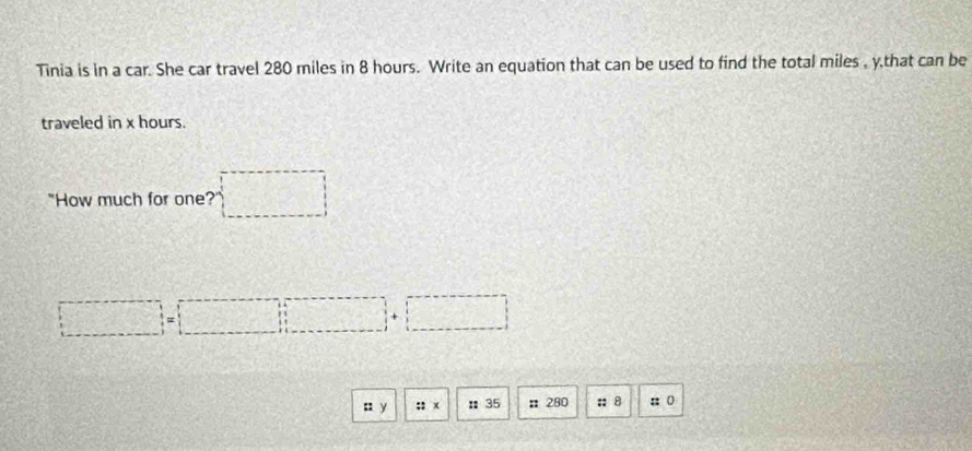 Tinia is in a car. She car travel 280 miles in 8 hours. Write an equation that can be used to find the total miles , y,that can be 
traveled in x hours. 
"How much for one?" □
□ =□ +□
: y :: x : 35 : 280; 8 :: 0