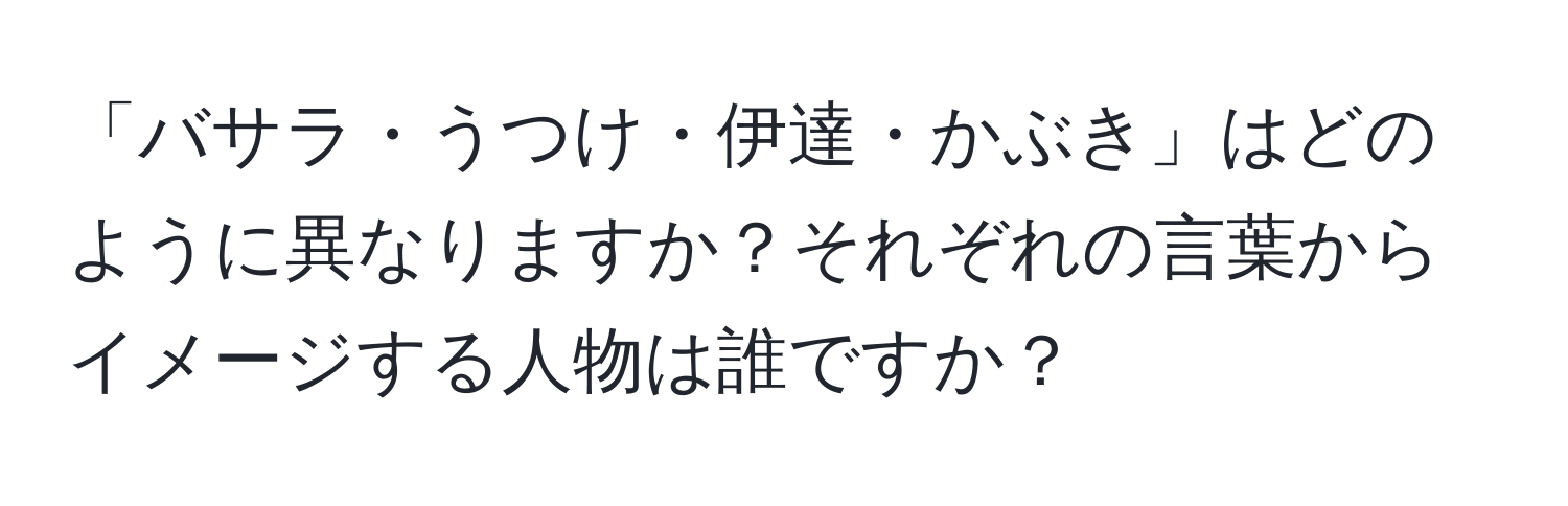 「バサラ・うつけ・伊達・かぶき」はどのように異なりますか？それぞれの言葉からイメージする人物は誰ですか？