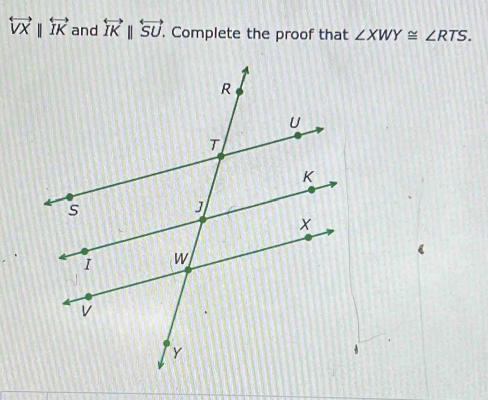 overleftrightarrow VXparallel overleftrightarrow IK and overleftrightarrow IKparallel overleftrightarrow SU. . Complete the proof that ∠ XWY≌ ∠ RTS.