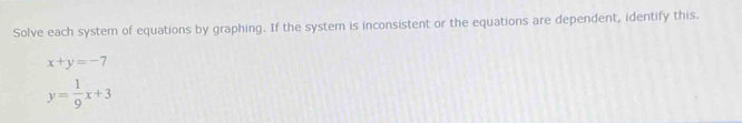 Solve each system of equations by graphing. If the system is inconsistent or the equations are dependent, identify this.
x+y=-7
y= 1/9 x+3