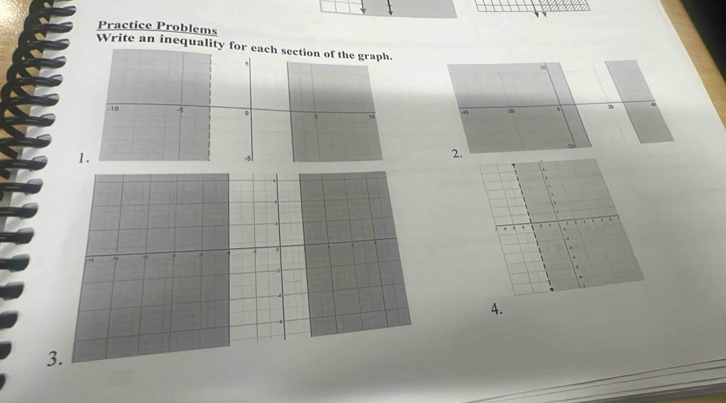 Practice Problems 
Write an inequality for each section of the graph. 
5
-10 -5 。 5 10
1.
-5
4. 
3.